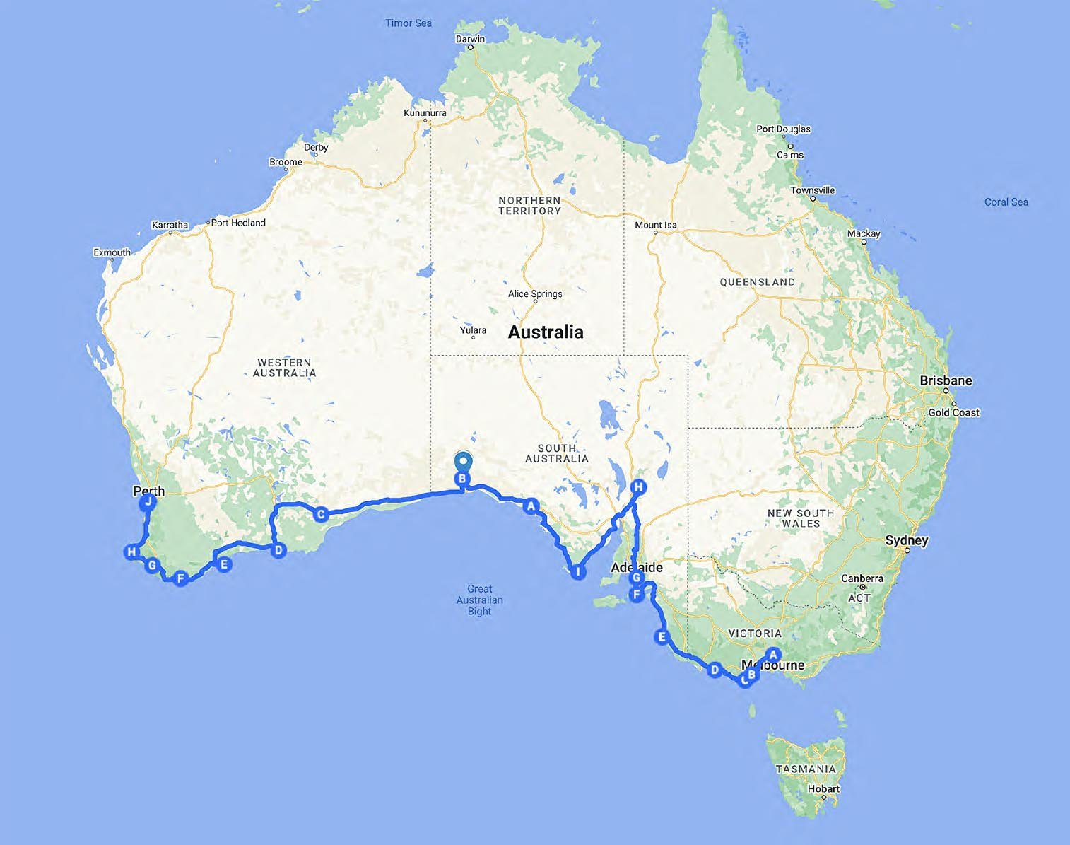 kaart roadtrip Melbourne-Perth
