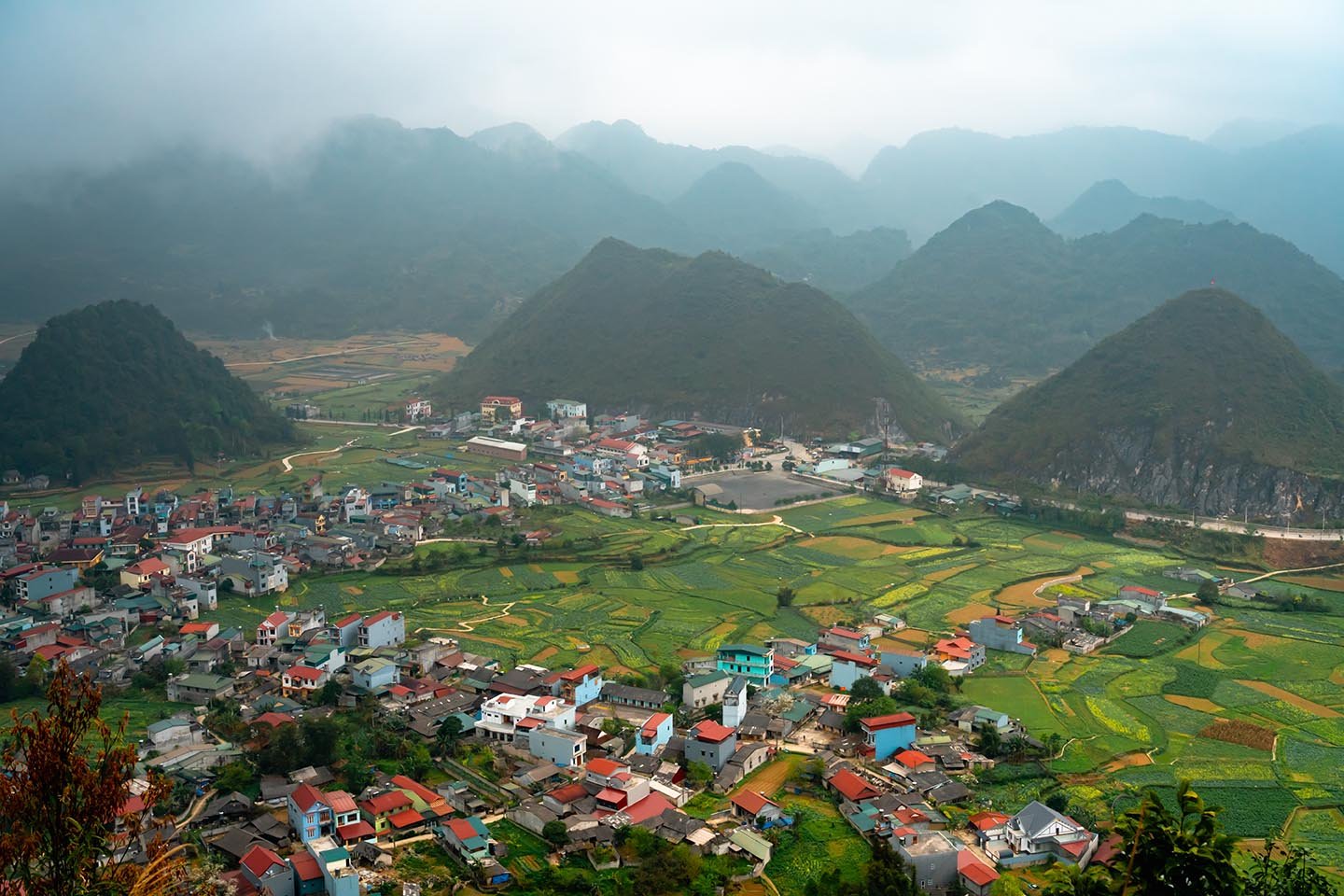 uitzicht over rijstvelden en Twin Mountains Ha Giang