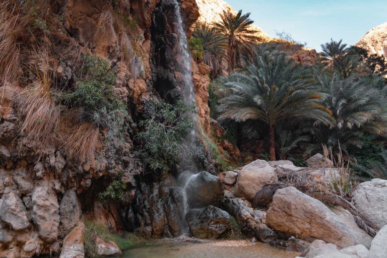 rode rotskloof met waterval en palmbomen