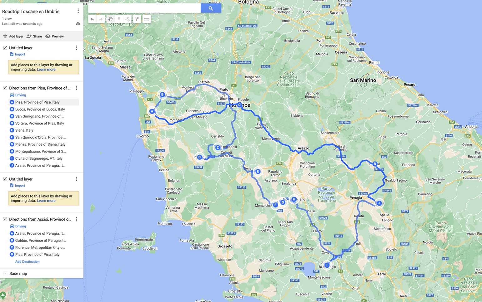 kaart roadtrip Toscane