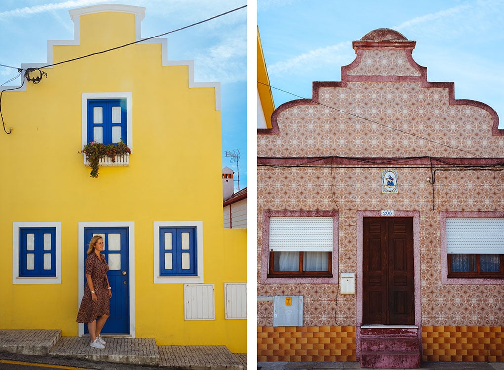 gele en roze huisjes in Costa Nova Portugal