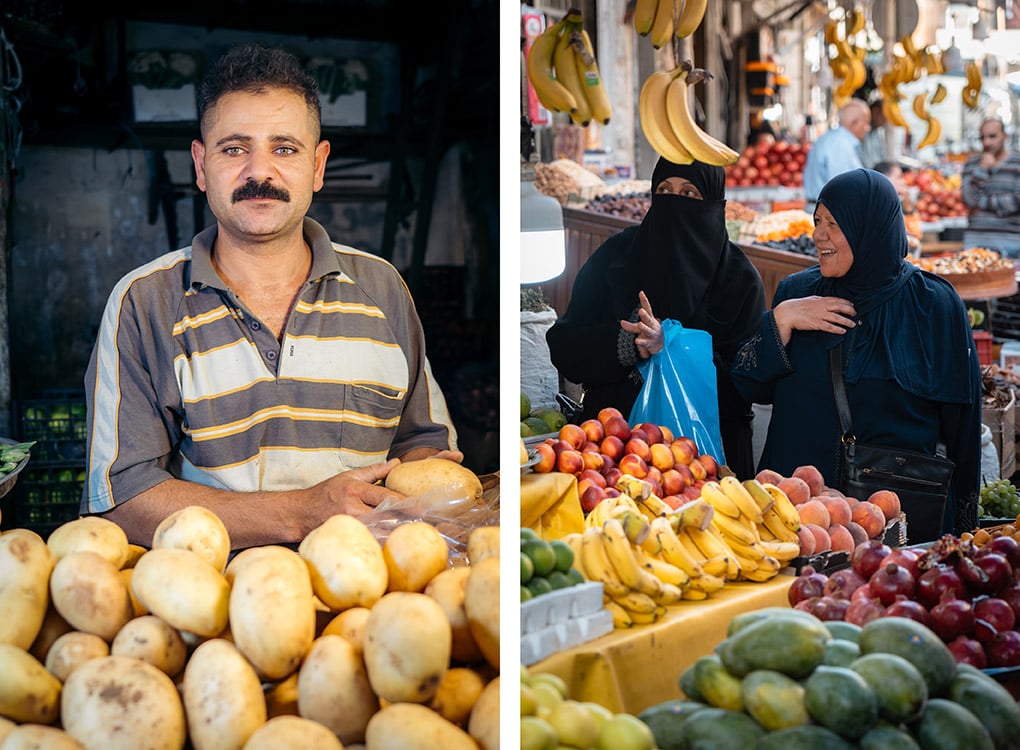 vrouwen met sluiers aan het winkelen op de markt in Amman