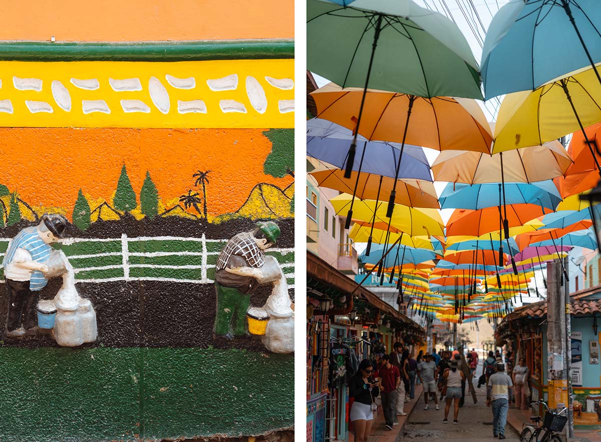 Kleurrijke paraplu's boven straat in Guatape Colombia