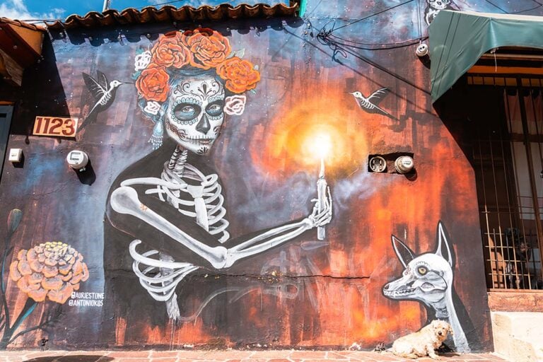 Muurschildering Catrina en hondje in Oaxaca